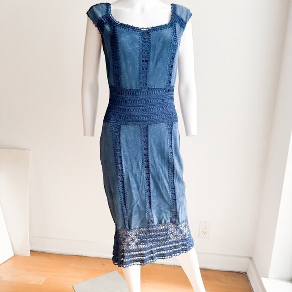 Danier Leather Blue Suede Crochet Bodycon Midi Dress 8 - Picture 3 of 8